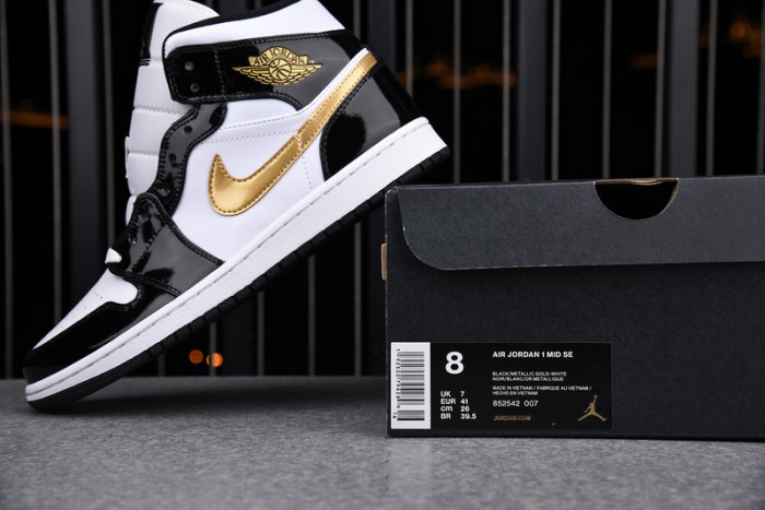 Air Jordan 1 Mid Patent Black White Gold 852542-007